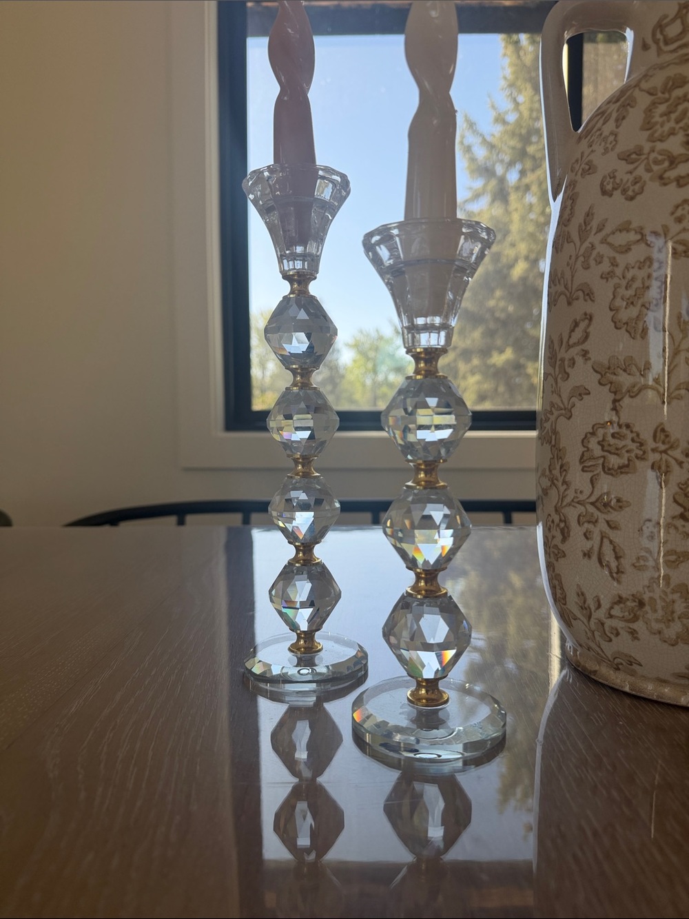 Crystal Bead Candlestick Pair - Clear Glass with Gold Accents